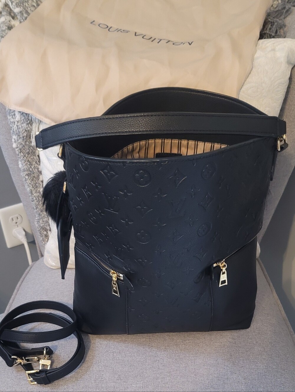 Designer LV Black Embossed Leather Tote Bag with Gold Hardware